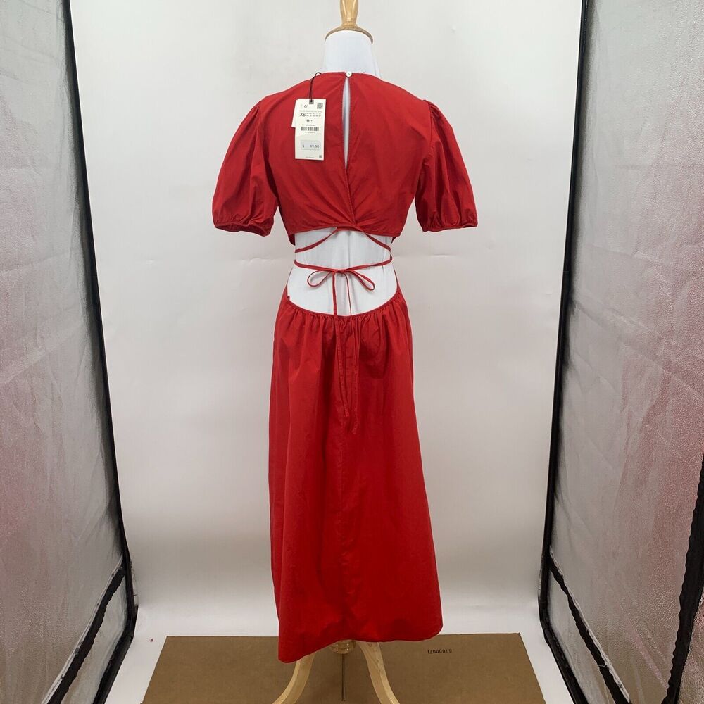 Zara Cut Out Polin Dress Womens XS Extra Small Red Midi Puff Sleeves Cinch Waist - Picture 4 of 16